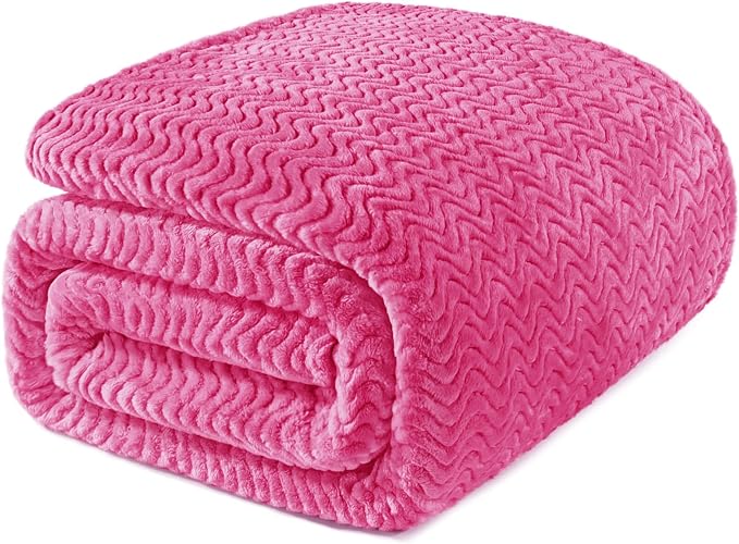 Exclusivo Mezcla Soft Fleece Blanket King Size for Bed, Sofa, Hot Pink | 90"x104" Breathable Lightweight Flannel Blanket for Summer, Plush Cozy Jacquard Wave for Home Decor