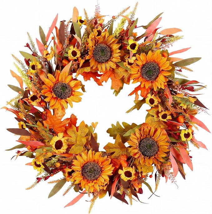 22" Fall Wreath Front Door Sunflower Artificial Wall Decor Farmhouse Autumn Wreath Thanksgiving Home Porch Outdoor Indoor Holiday Harvest Decor