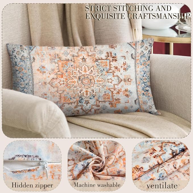 Boho Throw Pillow Covers 12x20 inch Set of 2,Boho Vintage Carpet Pattern Antique Ethnic Decor Double Sided Pattern Cushion Cover Soft Pillow Case Living Sofa Room Bed Square Pillow Cover