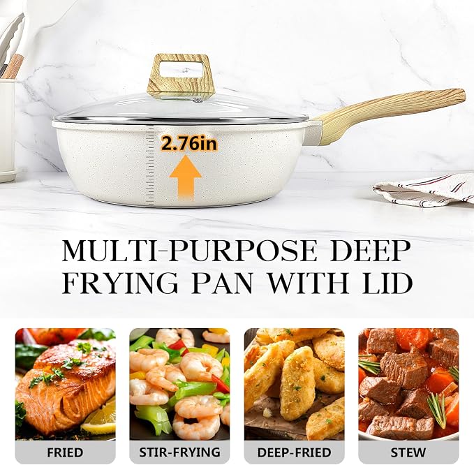 GiPP Nonstick Deep Frying Pan Skillet, 9.5" Saute Pan with Lid, Granite Induction Cookware Non Stick Cooking Pan, PFOA PFOS APEO Free, White
