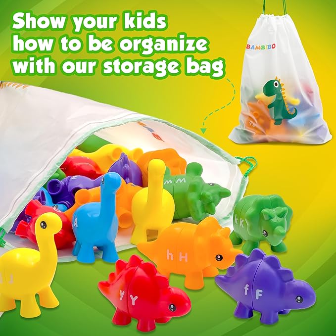 Dinosaur Alphabet Learning Toys - 52pc in Storage Box | 26 Double Sided Dino Matching Toys | Preschool Dinosaur Letter Matching Toy for Toddlers 3-5