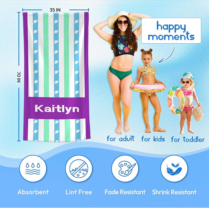 JML Custom Beach Towel with Name, Personalized Microfiber Beach Towel with Name, Large, Soft, Quick Dry & Absorbent for Swim, Pool,Adult,Summer Holiday,Vacation,Travel,Gift for Anniversary, Birthday