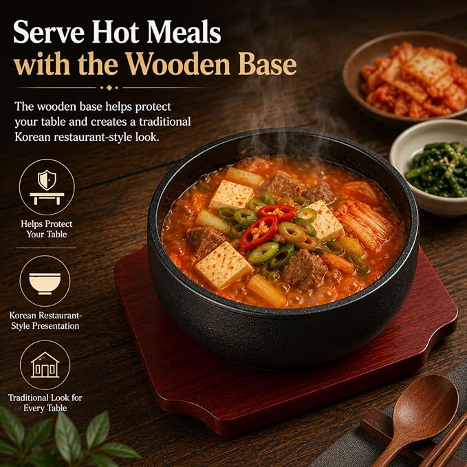 XICHENGSHIDAI Cast Iron Dolsot Bibimbap Bowl, 31 Oz, Wooden Base | Heat-retaining Korean bowl for sizzling rice, bibimbap, soup and stew; includes a wooden base for convenient table serving.