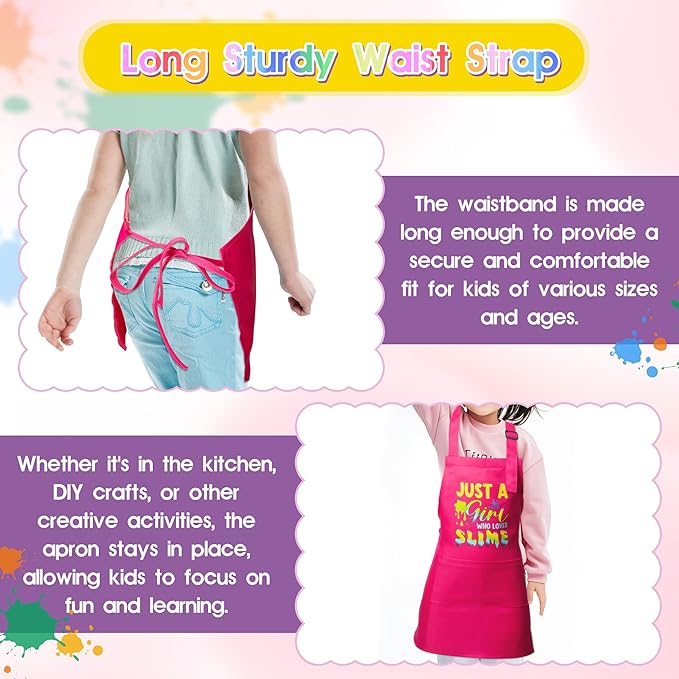 R HORSE 2Pcs Kid Apron and Chef Hat Set, Adjustable Children Pink Kitchen Toddler Apron for Girl Who Loves Slime, Dress up Role Play Chef Toy Funny Cooking Gift Birthday Gift for Kids Baking Painting