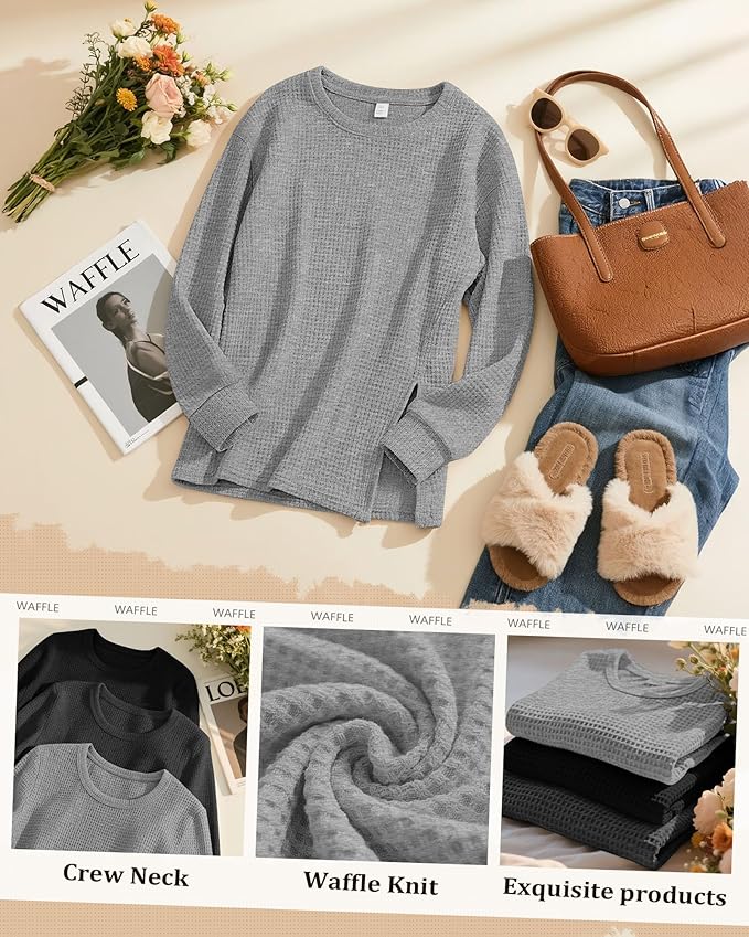 3 Pack Women's Maternity Shirts Long Sleeve Waffle Knit Side Split Oversized Tops Pregnancy Clothes Fall Tees