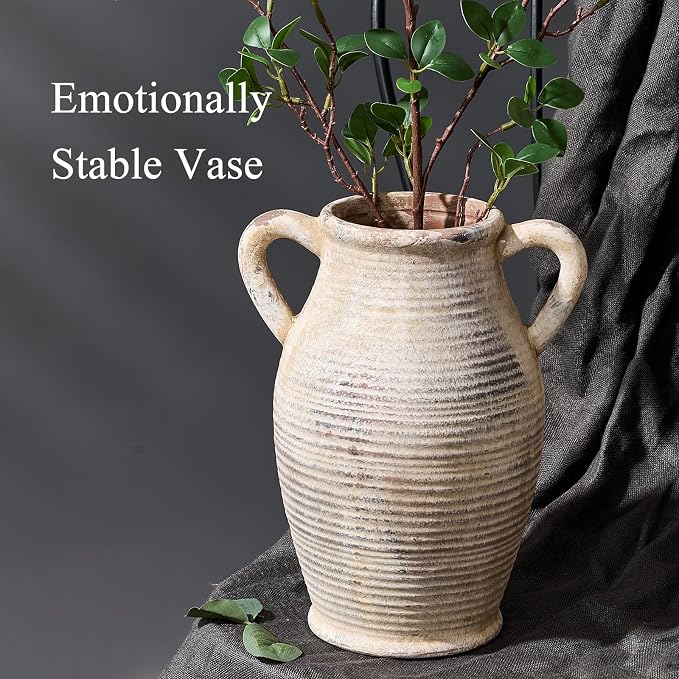Emotionally Grounded Vase, Vaseking Large Ceramic Rustic Vase with 2 Handles, 9.8 inch Minimalist Decorative Farmhouse Tall Vases for Home Decor, Living Room, Enterway, Wedding, Fired Terra Clay