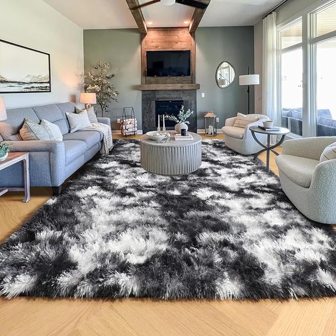 PAGISOFE 9x12 Area Rugs Living Room, Extra Large Black White Grey Rugs for Bedroom Fluffy Indoor Rugs for Kids Room Classroom Dorm Room Aesthetic Shaggy Carpet Plush Modern Cool Rug