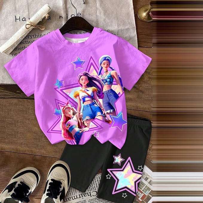 K-POP DEM0N Hunters Outfits for Girls, 2 Piece T-Shirts and Apparel Sets Birthday Gift