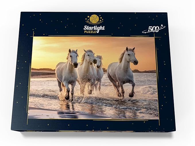 MyPuzzle White Camargue Horses Galloping On A Beach in France - Premium 500 Piece Jigsaw Puzzle for Adults