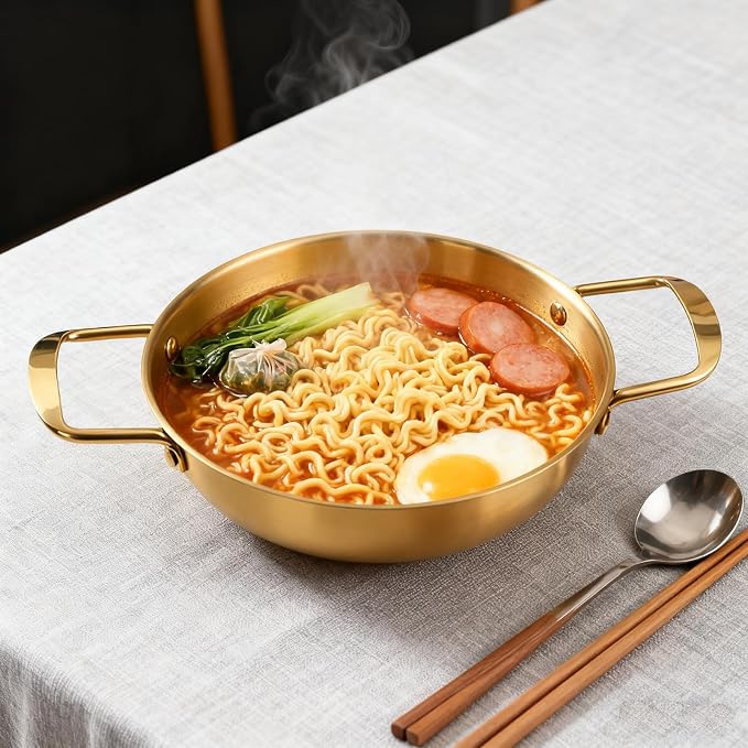 Korean Ramen Cooking Pot with Double Handle, Stainless Steel Noodle Pot, Convenient Cooking Pot for Soup Small Hot Pot (18cm/7.1in (Golden Color))