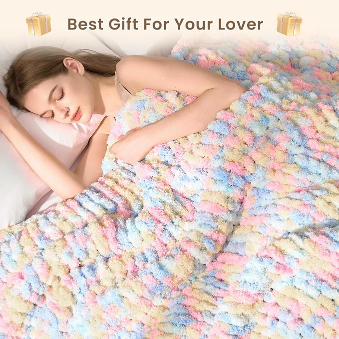 L'AGRATY Chunky Knit Throw Blanket for Couch, 60 x 80 Inches, Rainbow | Handmade Chenille Crochet Blanket for Sofa Bed, Thick Cable Knitted Blankets for Room Home Decor, Birthday Gift for Women Mom