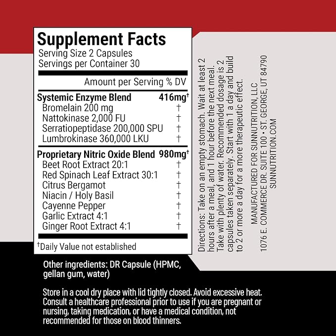 Vascular Defense Nitric Oxide Support | Systemic Enzyme Blend with Nattokinase, Lumbrokinase, Serrapeptase & Bromelain | Beet Root Extract | Spike Detox | Cardiovascular Supplement | 60 Capsules