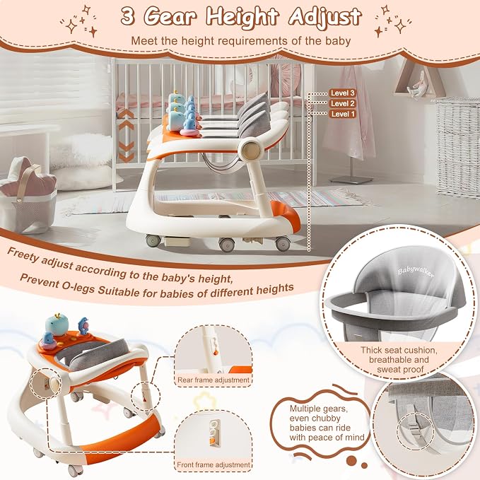 Foldable Baby Walker with Wheels, Activity Toddler Walkers for Boys Girls | 5-in-1 Design, Adjustable Height, Feeding & Music Tray, Contains batteries, Push Walker, Anti-Rollover, Detachable Seat