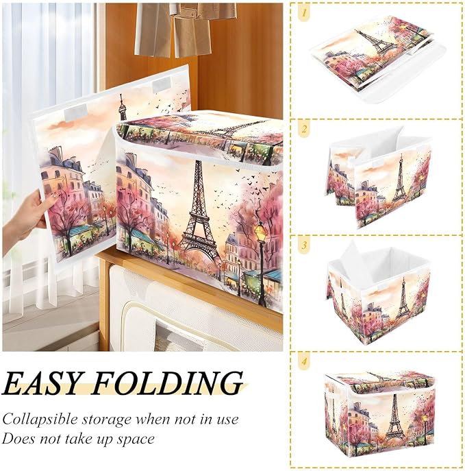 Watercolor Paris Storage Bins with Lids and Carrying Handle,Foldable Storage Boxes Organizer Containers Baskets Cube with Cover for Home Bedroom Closet Office