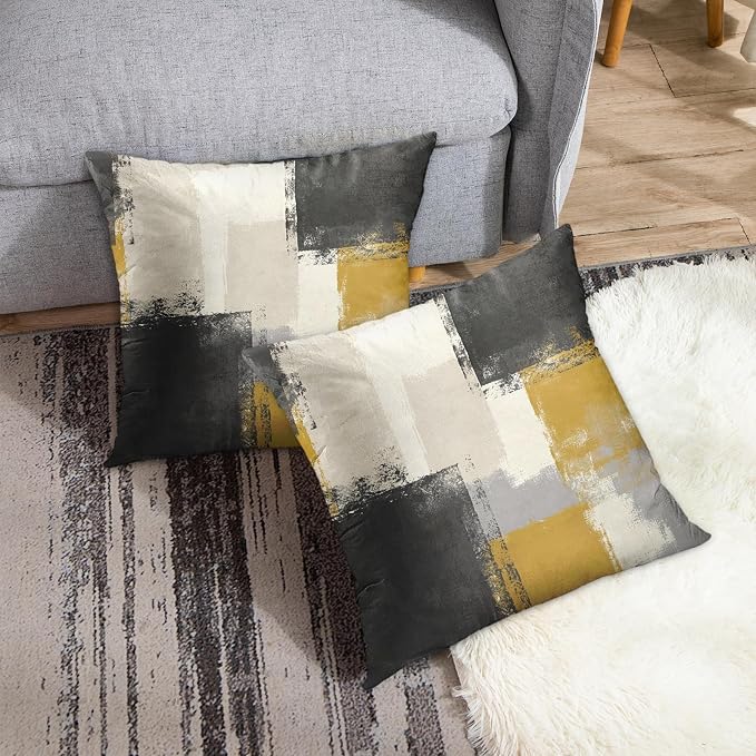 Emvency Throw Pillow Covers Set of 2, 18 x 18 Inch, Yellow Beige | Abstract Modern Painting Outdoor Decorative Square Pillow Cases Couch Cushion Case for Couch Bed Sofa Living Room Home Decor