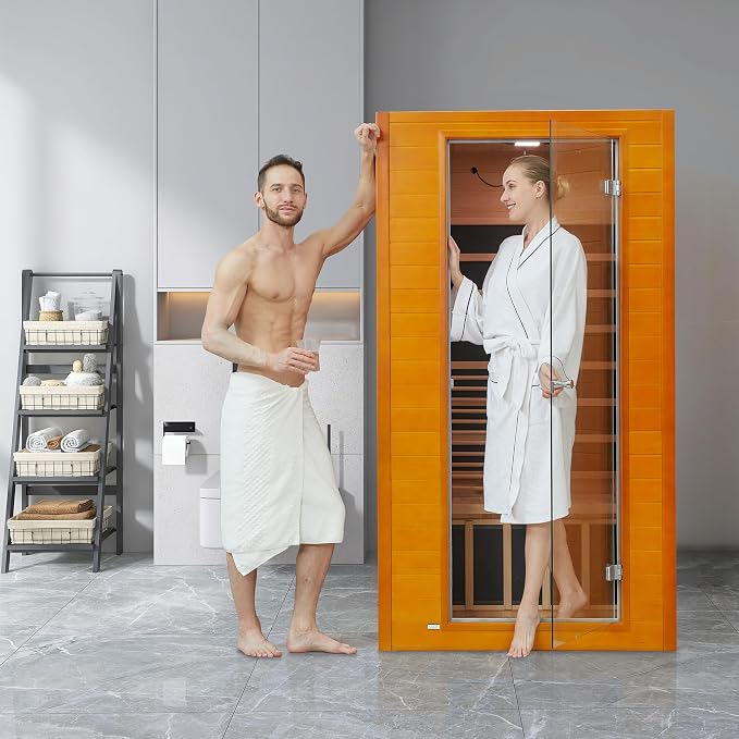 Real Relax Infrared Sauna for Home, Home Infrared Saunas up to 1-2 Persons, Canadian Hemlock Wooden Indoor Dry Sauna Room with Low Emf Red Light Therapy, 9-Color Chromotherapy Lights