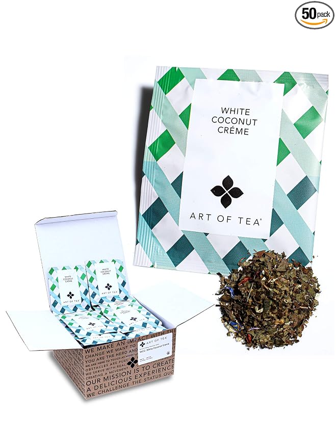Art of Tea White Coconut Creme White Tea Bags, 50 Pyramid Sachets, Organic White Tea with Coconut & Vanilla Flavor, Low Caffeine Tropical Dessert Tea