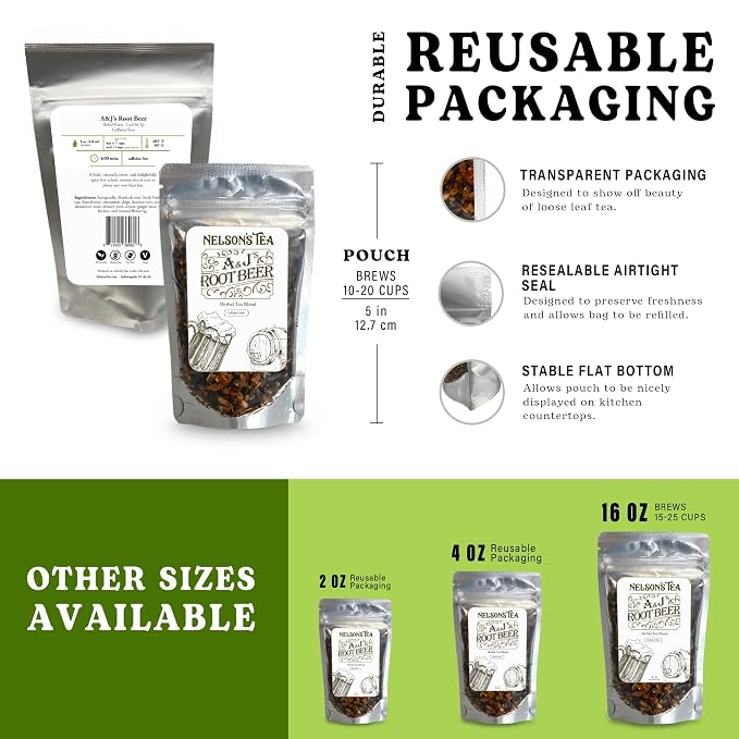 Nelson's Tea A&J's Root Beer - Cut & Sifted Sarsaparilla Root Tea Loose Leaf - Caffeine Free, Harmonious Herbal Blend of Burdock, Birch Bark, Dandelion and More (4 oz)