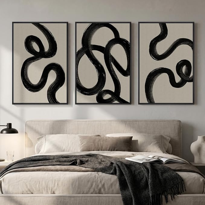 Large Framed Black and White Abstract Wall Art for Living Room, Set of 3 Modern Minimalist Canvas Prints Paintings Artwork for Walls, Neutral Pictures Wall Decor for Bedroom Hallway Office, 24x36 In