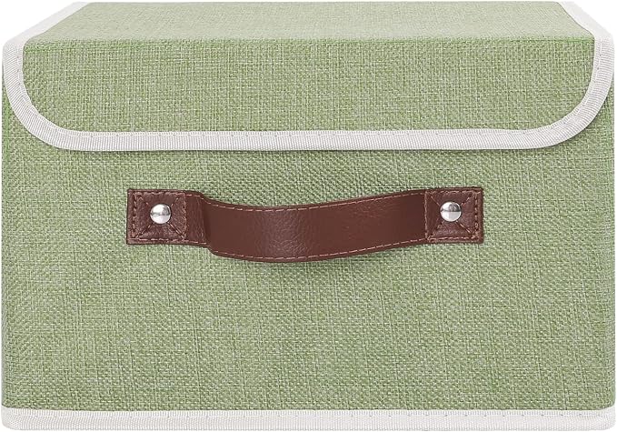 ANMINY Fabric Storage Box Bins with Lids, Green, 10"x8"x7" | Keepsake Memory Storage, Cotton Linen, PP Board Reinforced, Washable, PU Handles, Foldable & Stackable, Decorative, Small