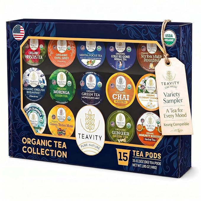 Organic Tea Pods Variety Pack - Assorted Sampler Pack Compatible for Keurig Brewer and Coffee Maker - Earl Grey, English Breakfast, Chai, Chamomile - Herbal Tea Pod for K Cup Keurig Brewing -15 count (Pack of 1) by Teavity