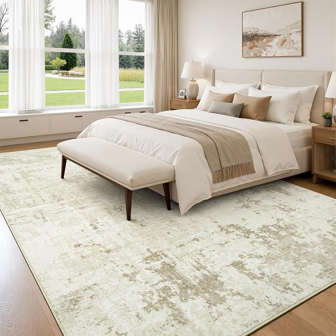 Rugflix 8x10 Area Rugs for Living Room, Washable Linen Beige Large Rug | Machine Washable; Stain-Resistant; Low Pile; Non-Slip; Modern Abstract; Carpet for Bedroom Dining Office Nursery Home