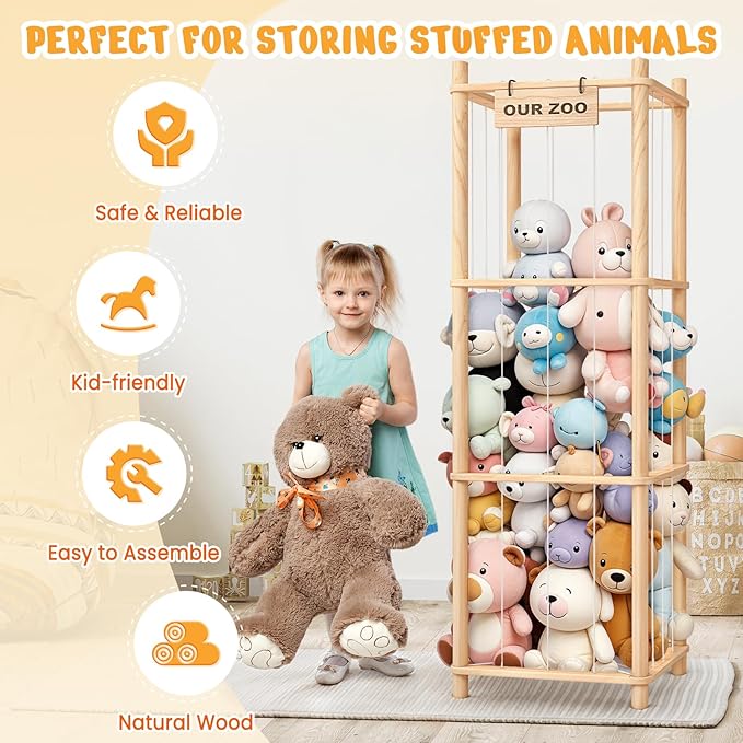 Woodure Stuffed Animal Storage & Organizer, Wooden Cute Zoo Toy Holder for Toddler Rooms, Playrooms & Bedrooms