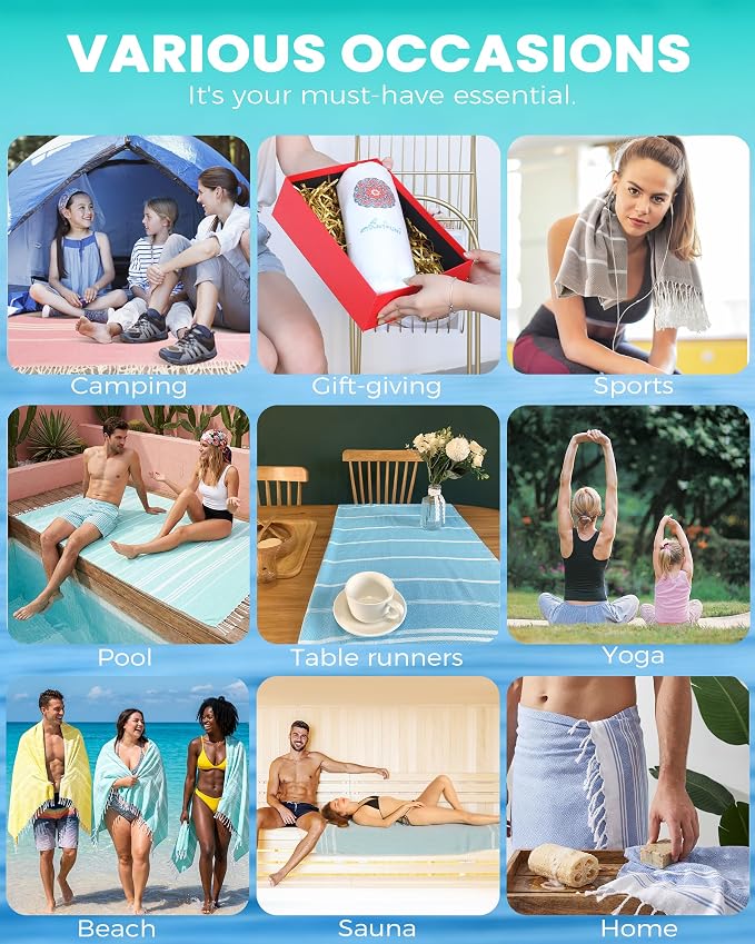 4 Pack Turkish Beach Towels Vacation Essentials with Bag Quick Dry Sand Free Soft Absorbent Adult Bath Pool Swim Long Wide Stripe Towel Cloud Linen Sandfree Mat Summer Thing Lightweight Travel Blue