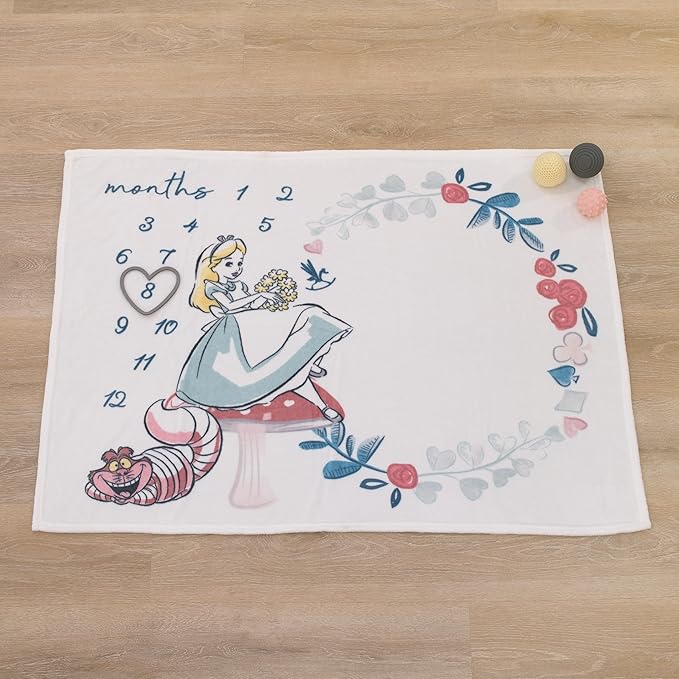Disney Alice in Wonderland White, Pink, and Blue Cheshire Cat Super Soft Photo Op Milestone Baby Blanket