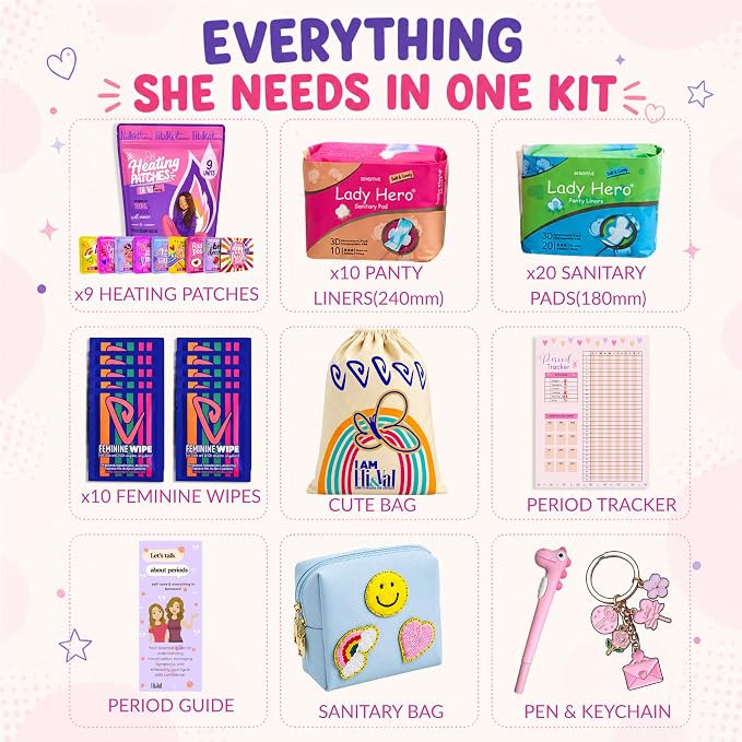 Period Kit for Tweens - First Period Kit for Girls 9-12 10-14 for School- Comfort Fit Feminine Pads Designed for Tween Teens Needs- Period Bags for Teen (Blue)