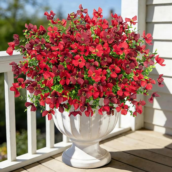 16 Pcs Artificial Flowers for Outdoors Decorations, Red Mixed | Realistic, silk flowers, faux plastic plants, UV resistant, for summer garden porch window vase indoor outdoor home decor
