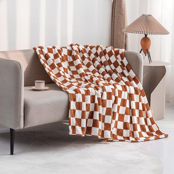 LOMAO Throw Blankets Flannel Blanket with Checkerboard Grid Pattern Soft Throw Blanket for Couch, Bed, Sofa Luxurious Warm and Cozy for All Seasons (Caramel, 90"x110")