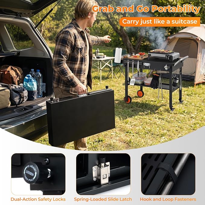 Happygrill 32”W x 18”D Folding Grill Cart for 17” & 22” Griddles | Outdoor Portable BBQ Prep Table w/Heat-Resistant Mat, Lockable Wheels, Magnetic Knife Holder, Pizza Oven Stand for Camping