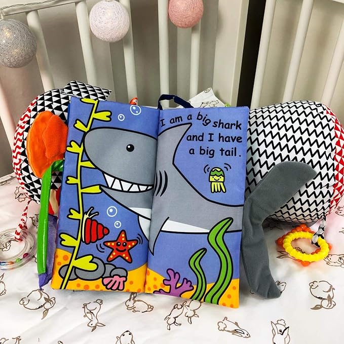 Jollybaby Baby Cloth Books, Touch & Feel Crinkle Soft Books, for Infants Babies, Toddler Early Educational Interactive Stroller Toys, Baby Girl & Boy Gift(Ocean Tails)