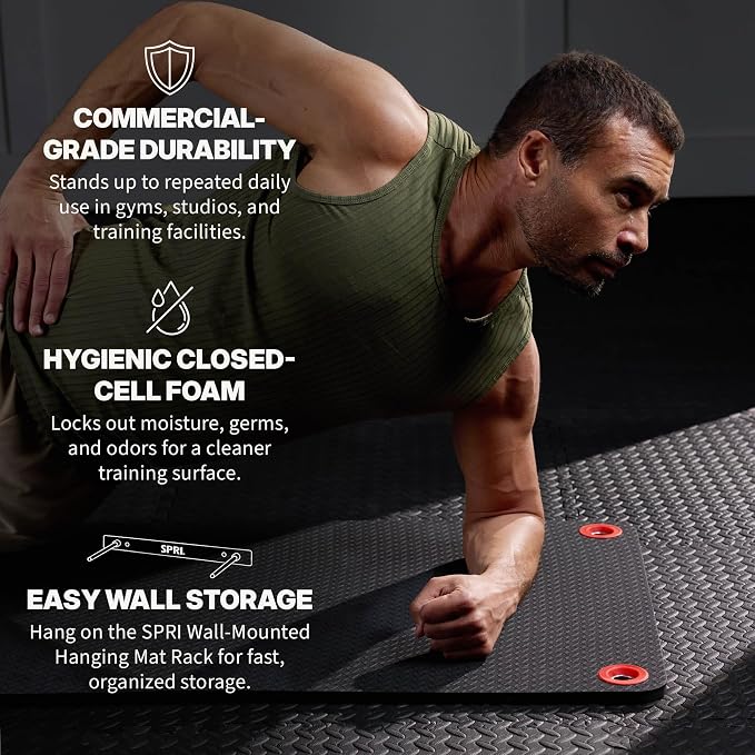 SPRI Hanging Exercise Mats for Gyms, Closed-Cell Foam Yoga & Fitness Mats with Grommets, Thick Workout Mats for Studios & Group Fitness Classes, Wall Rack Mat Holder Storage, Black