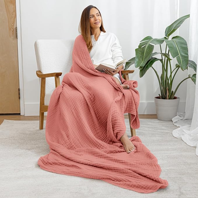 Comfy Cubs Adult Muslin Blanket 50x60” Throw Swaddle Blankets, Dusty Rose | 6 Layer Soft, Breathable & Lightweight Muslin Adult Blanket - Machine Washable & Designed in the US Bedding for All Seasons