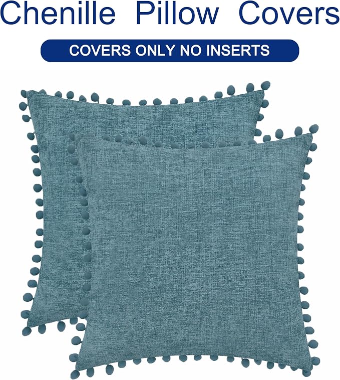 CaliTime Decorative Couch Throw Pillow Covers 16 X 16 Inches Smoke Blue | Pack of 2, Cozy Chenille Cushion Cases, with Pom Poms for Sofa Bed Living Room Farmhouse Home