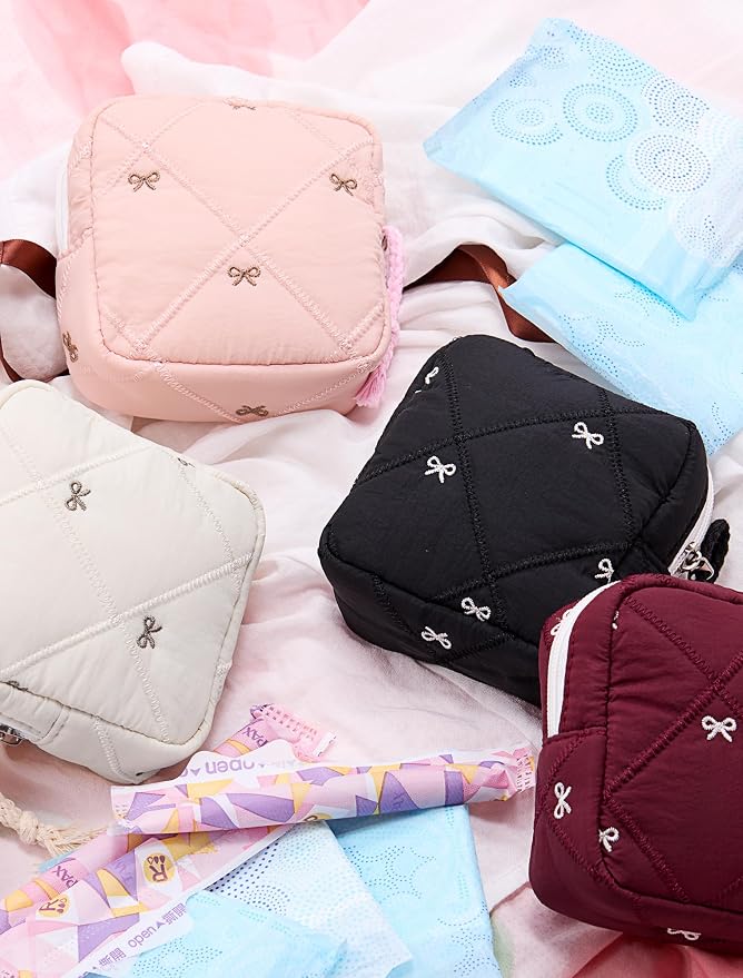 Period Bag for Girls, Quilted Period Pouch for Women, Sanitary Napkin Storage Bag Menstrual Pad Pouches Tampon Holder for Purse Pad Bag Gifts for Teen Girls(Pink)