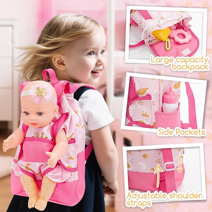 deAO Baby Doll Playset 12 Inch Baby Doll wirh Clothe and Accessories Baby Doll Carrier Storage Bag Balls Tent Toys, Pretend Play Birthday Gift for Kids Girls Boys, Collection