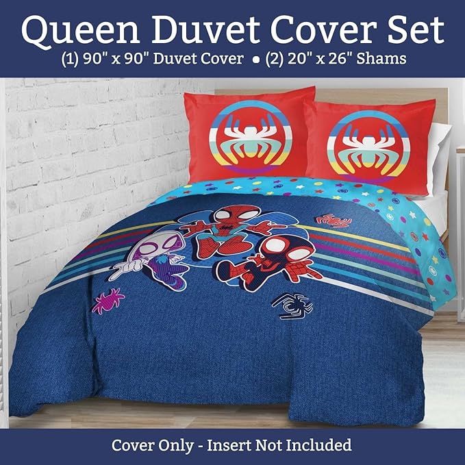 Jay Franco Kids Duvet Cover Set – 3 Piece Super Soft Bedding with Sham Pillowcase, Cover ONLY Comforter Not Included, Blue - Spidey & Friends, Queen