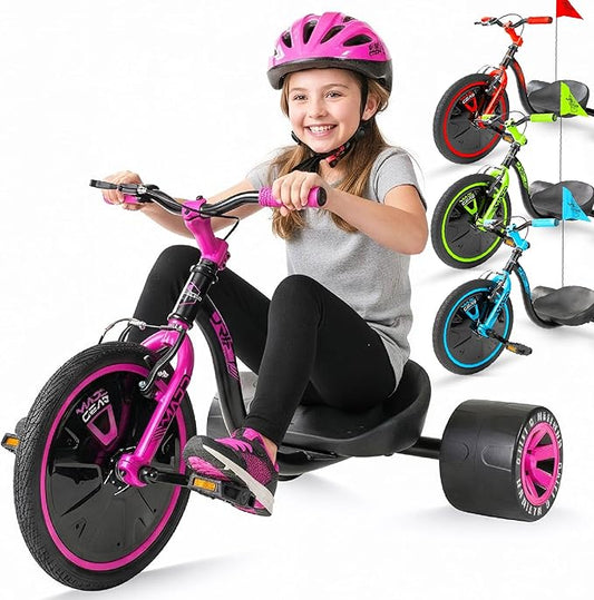 Drift Trike for Kids Ages 5+ – 16" Front Wheel Ride-On with Adjustable Seat, Steel Frame, Rear Slick Drift Wheels & Safety Flag – Madd Gear (Pink/Teal)