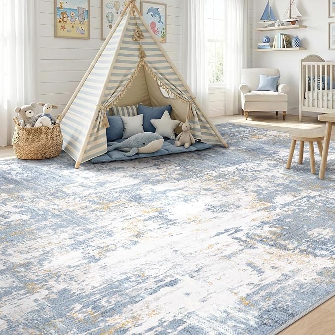 RELEANY Washable Area Rugs 9'x12' Non-Slip Modern Abstract Soft for Living Room Entryway Bedroom Kitchen, Print Pattern, Light Blue