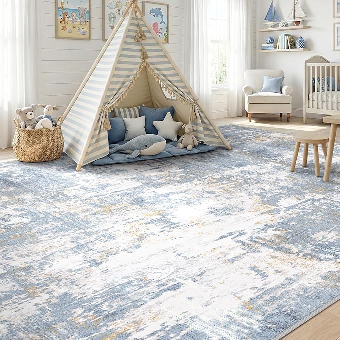 RELEANY Washable Area Rugs 6'x9' Non-Slip Modern Abstract Soft for Living Room Entryway Bedroom Kitchen, Print Pattern, Light Blue