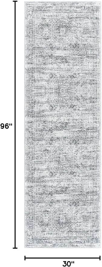 Soalmost Washable Runner Rug 2'6"x8' Kitchen Hallway Runners Grey | Soft Non-Slip 2.5x8ft Carpet for Entryway Bathroom, Low Pile Vintage Foldable Floor Mat for Corridor Laundry Room Bedroom