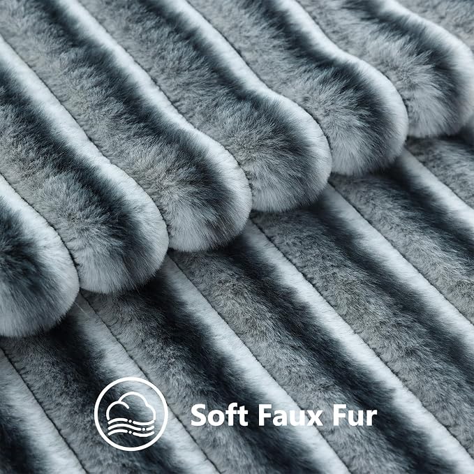 decorUhome Fall Faux Fur Throw Pillow Covers 20x20 Set of 2 Blue Grey | Decorative Soft Cozy Striped Plush Modern Farmhouse Boho Couch Pillow Cases Velvet Back for Sofa Bed Living Room Home Decor