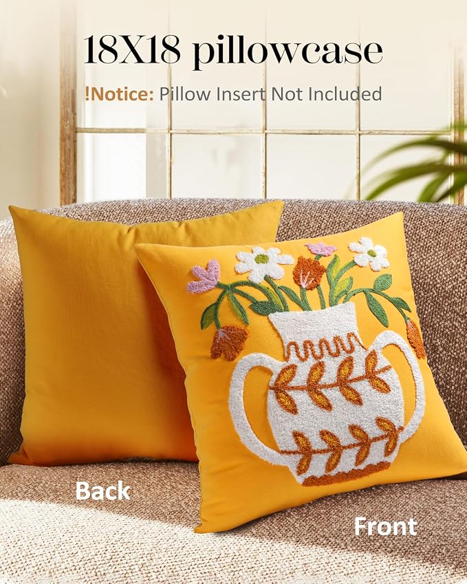 Embroidered Throw Pillow Cover - 18x18 Decorative Pillow Cover with Zipper Aesthetic Cute Design Boho Spring Summer Cozy Throw Pillowcase for Living Room Couch Sofa Bed, Floral Vase
