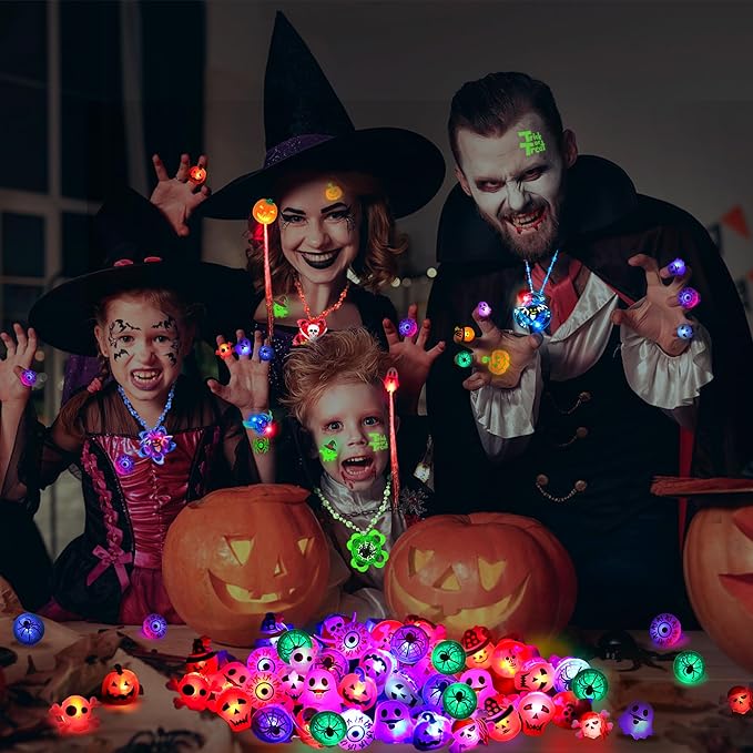 84 Pack Halloween Party Favors, Halloween Toys Gifts for Kids, LED Rotating Necklaces Flash Hair Lights Light Up Bracelets Rings Glow In The Dark Bouncy Ball Temporary Tattoos Halloween Party Supplies