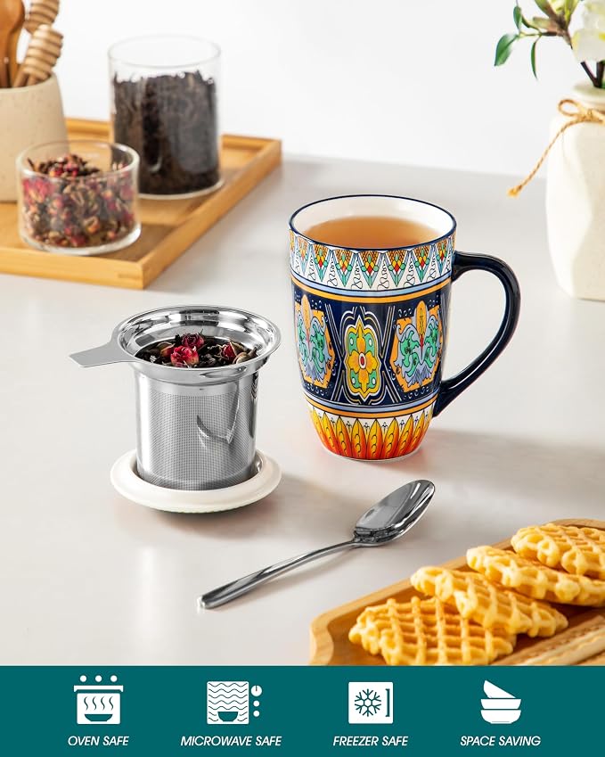 vancasso Ceramic Tea Cup with Infuser and Lid, 18 Ounce Tea Infuser Mug for Loose Leaf Tea, Microwave & Dishwasher Safe, Bohemian Mandala, Gift for Tea Lovers, Forest Daisy Drift
