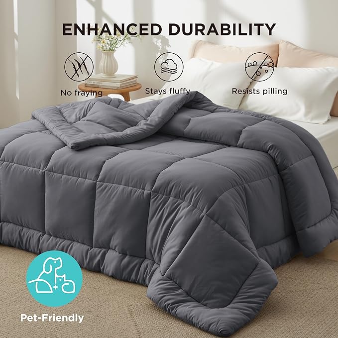 Bedsure Comforter Duvet Insert - Quilted Comforters Queen Size, All Season Duvet, GentleSoft Down Alternative Bedding Blanket, with 8 Tabs, Gifts for Women/Men, Dark Grey, Queen Plus, 90x90 Inches