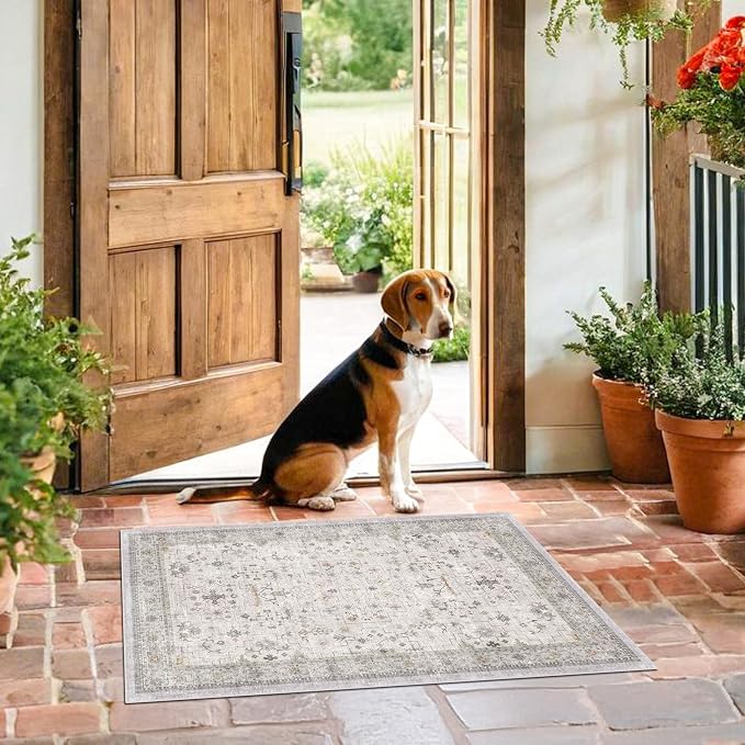 Washable 2x3 Throw Rugs for Entryway, Front Door Mat, Low Pile Non-Slip Small Area Rugs for Kitchen, Bathroom, Powder Room, Mudroom, Neutral Light Gray & Sage with Floral Accent